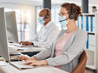 Buy stock photo Covid, compliance and woman in a telemarketing call center networking, talking and helping client with healthcare insurance. Contact us, coronavirus or consultant in a face mask speaking on mic