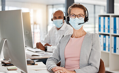 Buy stock photo Covid, call center and portrait in office with medical mask for safety, health and protection from virus at pc. Consultant, telemarketing and workplace people with corona face mask at computer.

