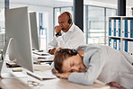 Call center burnout, tired customer service team and consultant exhausted after crm consulting, working or customer support. Telemarketing, online help desk and sleeping agent with overtime fatigue