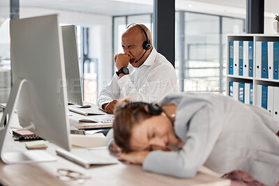 Buy stock photo Call center burnout, tired customer service team and consultant exhausted after crm consulting, working or customer support. Telemarketing, online help desk and sleeping agent with overtime fatigue