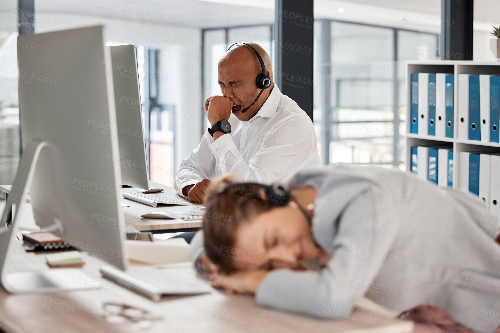 Buy stock photo Call center burnout, tired customer service team and consultant exhausted after crm consulting, working or customer support. Telemarketing, online help desk and sleeping agent with overtime fatigue