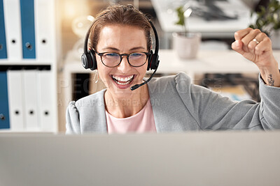 Buy stock photo Woman at call center, celebrate and success at work with winner, successful customer service or sale for telemarketing. Happy about achievement, phone call with victory and contact us, job well done.