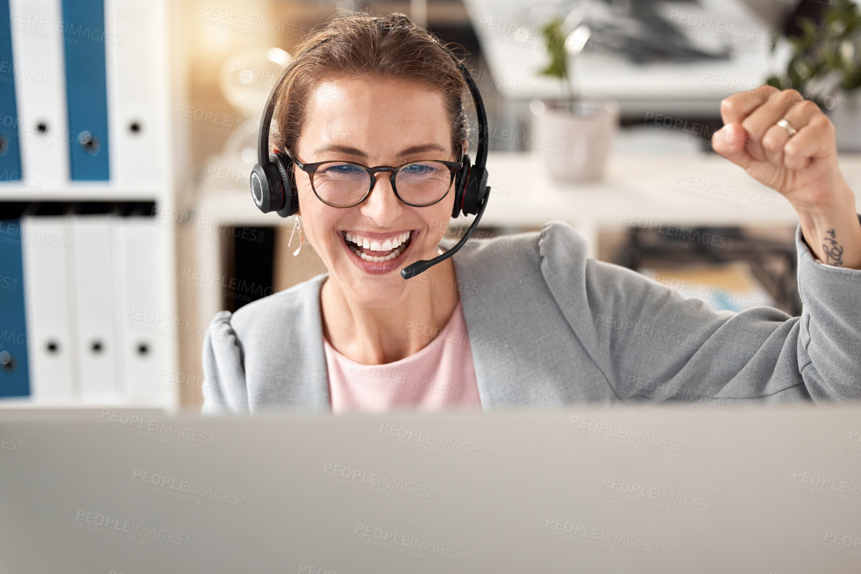 Buy stock photo Woman at call center, celebrate and success at work with winner, successful customer service or sale for telemarketing. Happy about achievement, phone call with victory and contact us, job well done.