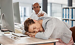 Tired, burnout and sleeping call center worker in consulting office exhausted on overtime shift. Sleep, overworked and mental health problem of telemarketing consultant woman resting in workplace.

