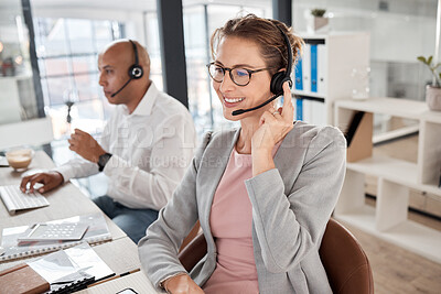 Buy stock photo Call center, support and worker consulting, talking and giving customer service online for telemarketing. Crm, contact us and happy employee in technical support at a corporate communication agency