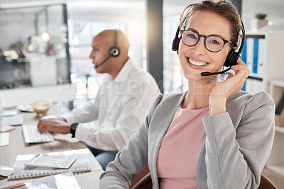 Buy stock photo Call center, happy and consultant portrait in office for telemarketing, communication and contact us query. Working, online and customer service woman ready for call in corporate workplace.
