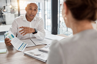 Buy stock photo Business team, meeting and discussion about financial paperwork and data analysis while talking about business proposal, budget and report. Man and woman in office talking while planning a strategy 
