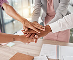 Hands, team and business people support and solidarity, diversity in the workplace with collaboration and team building. Teamwork, business meeting and agreement with staff on project and deal.