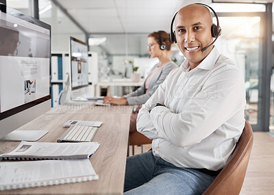 Buy stock photo Call center, pride and employee with arms crossed for telemarketing, customer service and online support with a computer. Contact us, smile and portrait of a consultant in communication on the web