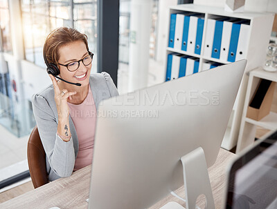Buy stock photo Call center, customer service and consultant with a business woman at work on a computer in her office. Contact us, crm and telemarketing with a female consulting using a headset for sales or support