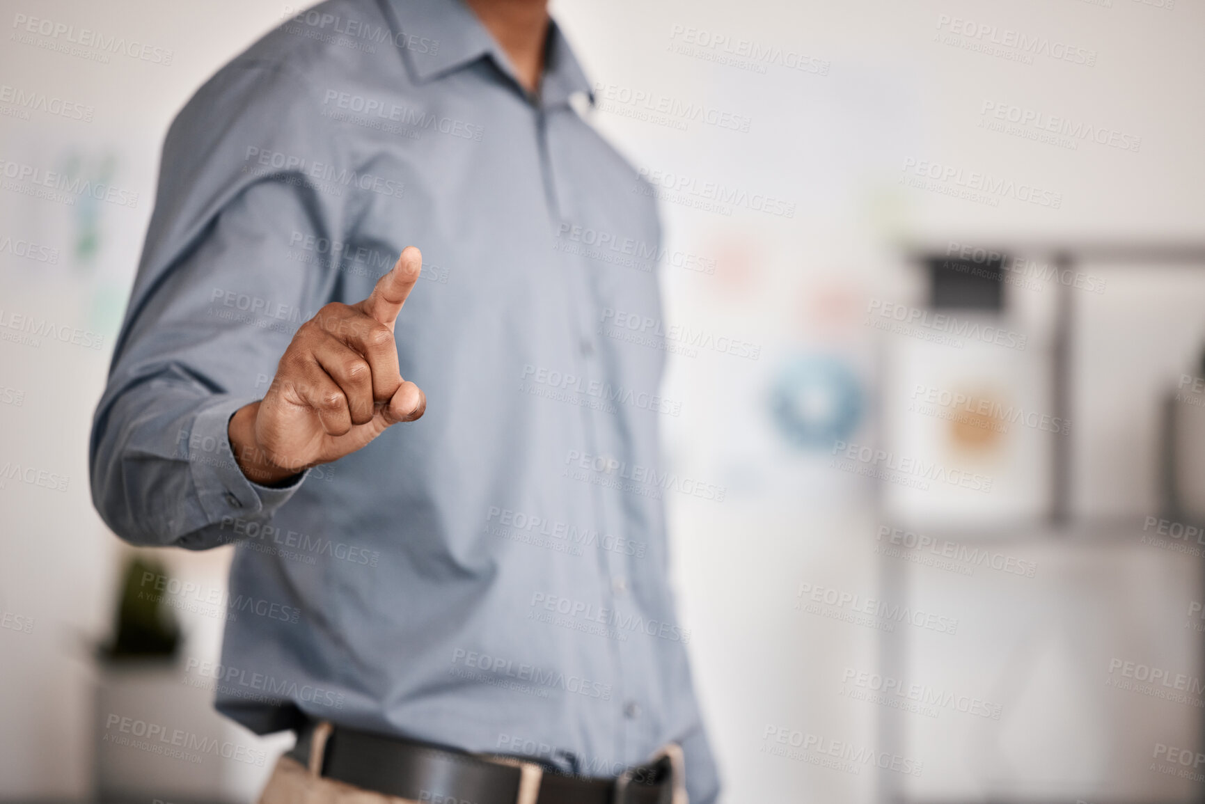 Buy stock photo Invisible screen, hand and business man with digital innovation, future software or information technology solution for marketing. Corporate businessman with click, fingerprint or a hand gesture sign