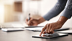 Businessman hands, tablet and writing notes, planning agenda or analytics at office desk. Closeup writing notebook, digital ideas and online website, internet and economy research of finance manager 