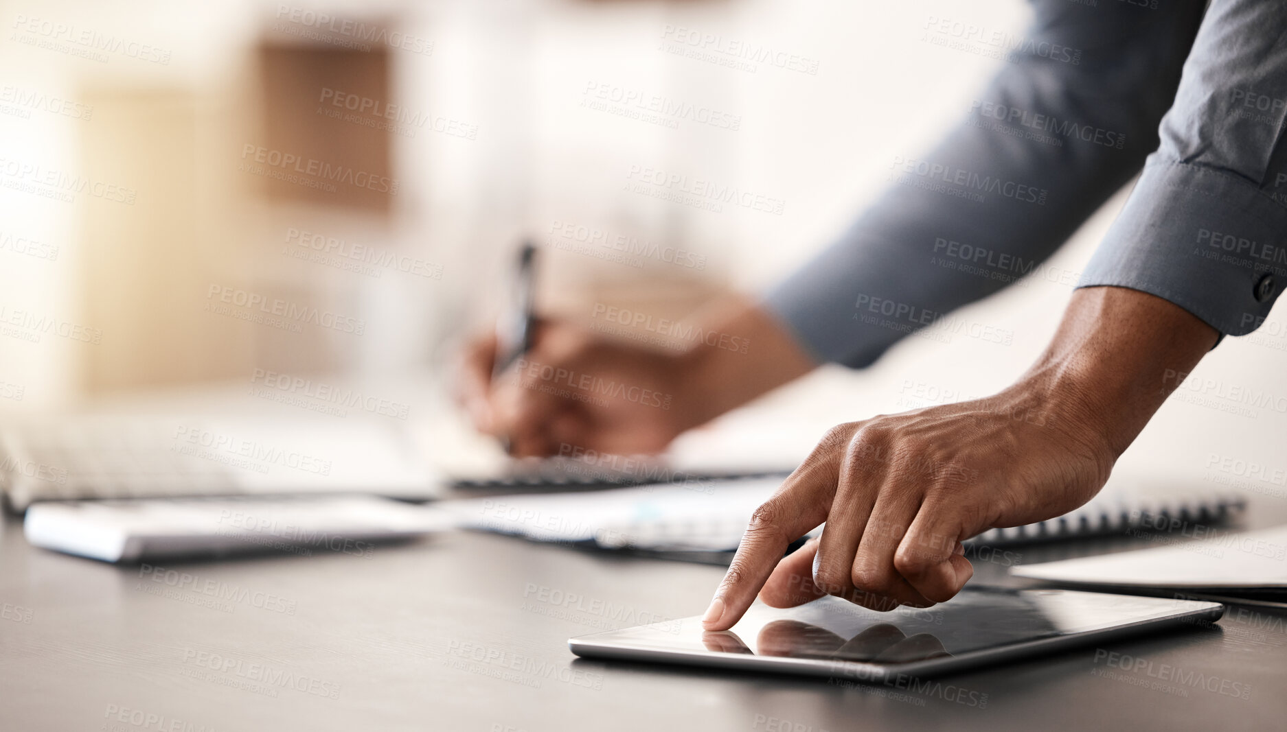 Buy stock photo Businessman hands, tablet and writing notes, planning agenda or analytics at office desk. Closeup writing notebook, digital ideas and online website, internet and economy research of finance manager 