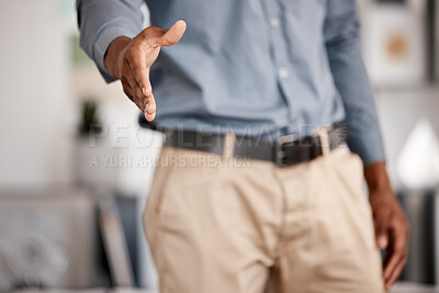 Buy stock photo Businessman stretching his hand for a handshake for a deal, welcome or greeting in the office. Professional, corporate and employee with shaking hand gesture for agreement, onboarding or partnership.