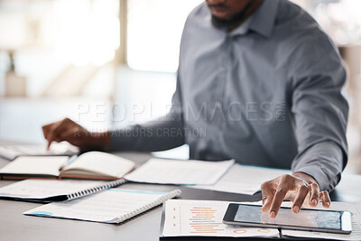 Buy stock photo Businessman, hands and tablet with documents data analysis, company finance budget and fintech accounting software. Black man, technology and paper research chart for digital marketing startup growth