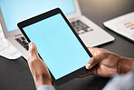 Hands, tablet and mockup screen at the office for marketing, advertising or social media branding. Hand of business employee holding touchscreen with blue chromakey display on a table for mock up