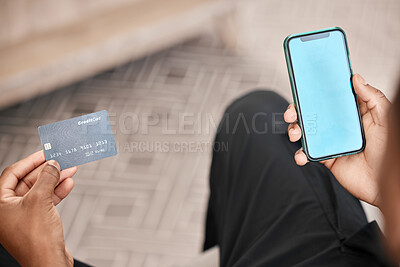 Buy stock photo Hands, phone and credit card for online shopping with green screen for advertising or marketing. Blue screen, mobile and black man on 5g smartphone for payment, investment or internet banking mock up