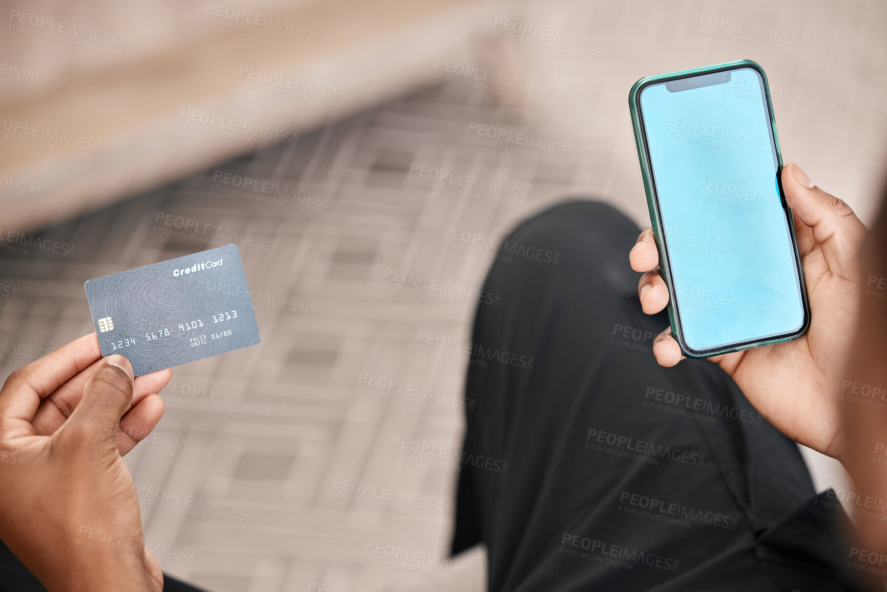 Buy stock photo Hands, phone and credit card for online shopping with green screen for advertising or marketing. Blue screen, mobile and black man on 5g smartphone for payment, investment or internet banking mock up