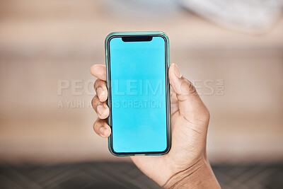 Buy stock photo Green screen, phone and mockup in hand of man showing marketing logo, contact us or brand on smartphone with ux UI advertising design. Blue screen 5g smartphone for communication and networking space