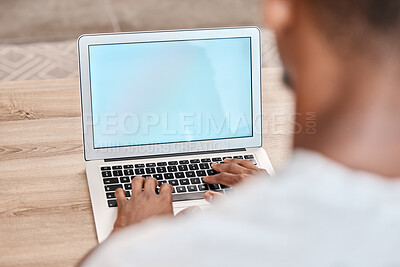 Buy stock photo Laptop, man hands and screen mockup for advertising, marketing and product placement ad. Man, online networking and cloud computing or brand innovation on digital technology for company brand vision