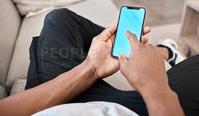 Buy stock photo Man, hands or phone green screen mockup for advertising space, digital marketing media or internet esports ux. Blue screen, mock up or chroma key on mobile technology social media app in living room