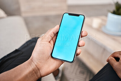 Buy stock photo Mockup, phone green screen or black man hands for communication, networking or advertising and marketing space. Zoom, digital mobile or smartphone for media app, tech space or web contact us in house