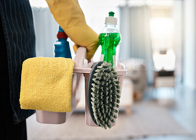 Buy stock photo House, cleaning and hand of cleaner holding bucket of product for hygiene and housework or chores. Fresh, chore and detergent, chemical or antibacterial objects for housekeeper or maid to clean