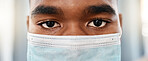 Black man, covid face mask and medical doctor eyes for facial protection from disease, bacteria and germs in hospital. Healthcare safety policy, wellness compliance and covid 19 virus health security