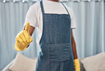 Cleaner, hand or finger in virus stop, hygiene maintenance protocol or bacteria compliance rules of hotel, office building or home. Zoom, black man or cleaning service worker or safety control gloves