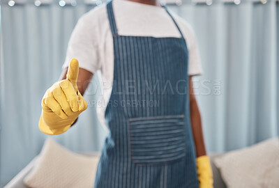 Buy stock photo Cleaner, hand or finger in virus stop, hygiene maintenance protocol or bacteria compliance rules of hotel, office building or home. Zoom, black man or cleaning service worker or safety control gloves