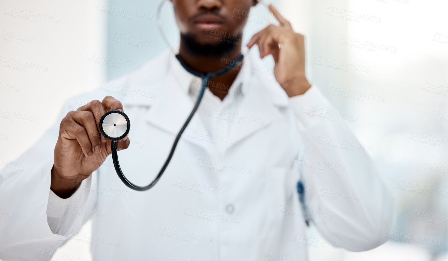 Buy stock photo Black man doctor, stethoscope in hand and health with medical and check up in hospital. Healthcare, health insurance and professional in medicine, surgeon listening to heartbeat and cardiology. 