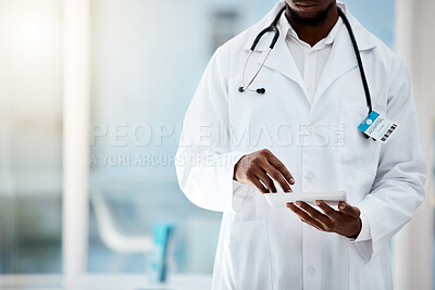 Buy stock photo Black man, doctor or hands and digital tablet for hospital test results, surgery planning or research data analysis. Healthcare worker, employee or medical person on technology for life insurance app