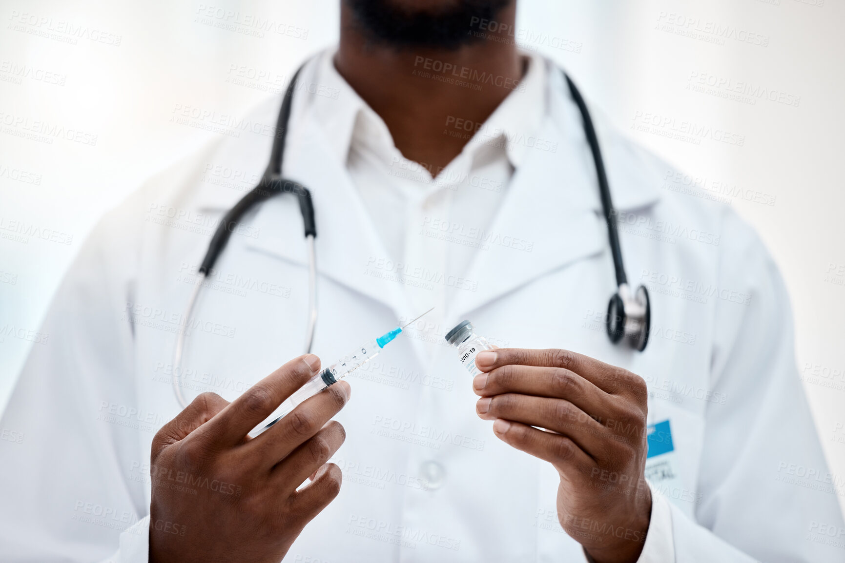 Buy stock photo Health, doctor and black man with vaccine for covid, needle syringe and medicine vial for healthcare and safety against disease or virus. Covid 19, protection and immunity with medical professional.