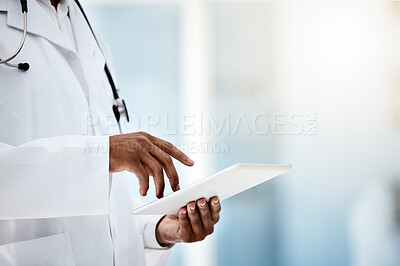 Buy stock photo Healthcare, medicine and hands of a doctor with a tablet for communication, consulting and online medical help. Working, digital and hospital employee with technology for results, email or internet