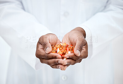 Buy stock photo Hand, pills and doctor holding medicine for cancer treatment closeup in a medical clinic. Supplements, vitamins and antibiotics capsule or pill for medicare with open hand of pharmacist 