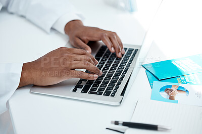 Buy stock photo Hands, covid and laptop with a doctor typing a report or diagnosis for treatment in a hospital office. Computer, documents and medicine with a health professional working in a healthcare clinic