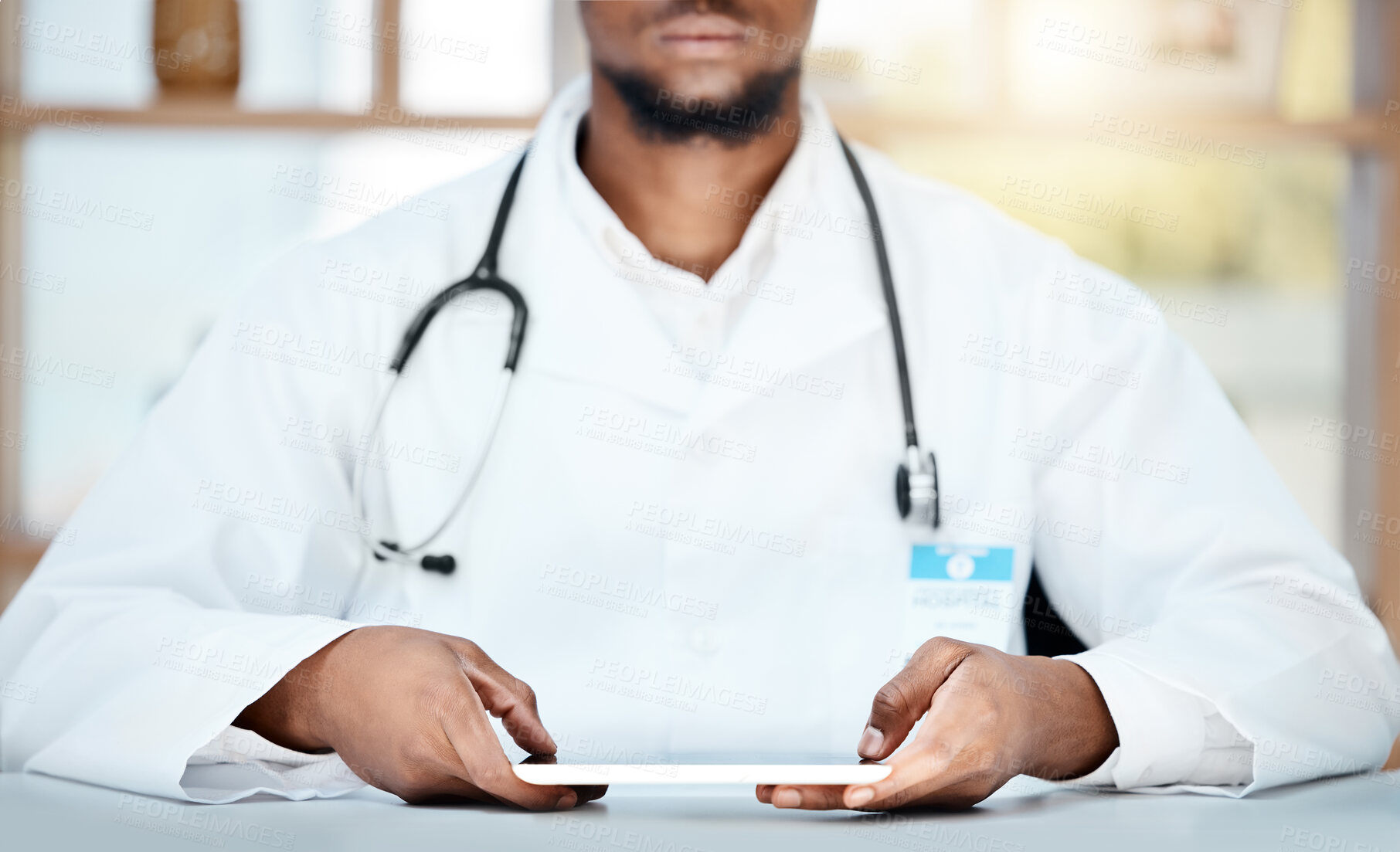 Buy stock photo Black man, doctor and tablet for research, healthcare and browse online for results, information and diagnosis. Medical professional, male and digital device for treatment, stethoscope and innovation