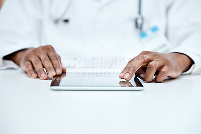 Buy stock photo Tablet, desk and hands of doctor working on medical project, healthcare or review cardiology report. Tech, ui screen and black man search hospital database for big data archive of medicine research