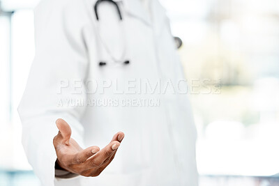 Buy stock photo Doctor, healthcare and hand for product placement, marketing and advertising space for medicine and health insurance. Hospital worker man with logo, branding and medical information promo mockup