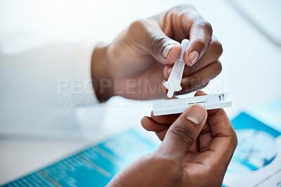 Buy stock photo Hands, covid and doctor with antigen test in hospital for healthcare, wellness and rapid viral testing. Pcr, covid 19 and black male physician with medical kit for examination, diagnosis or results.