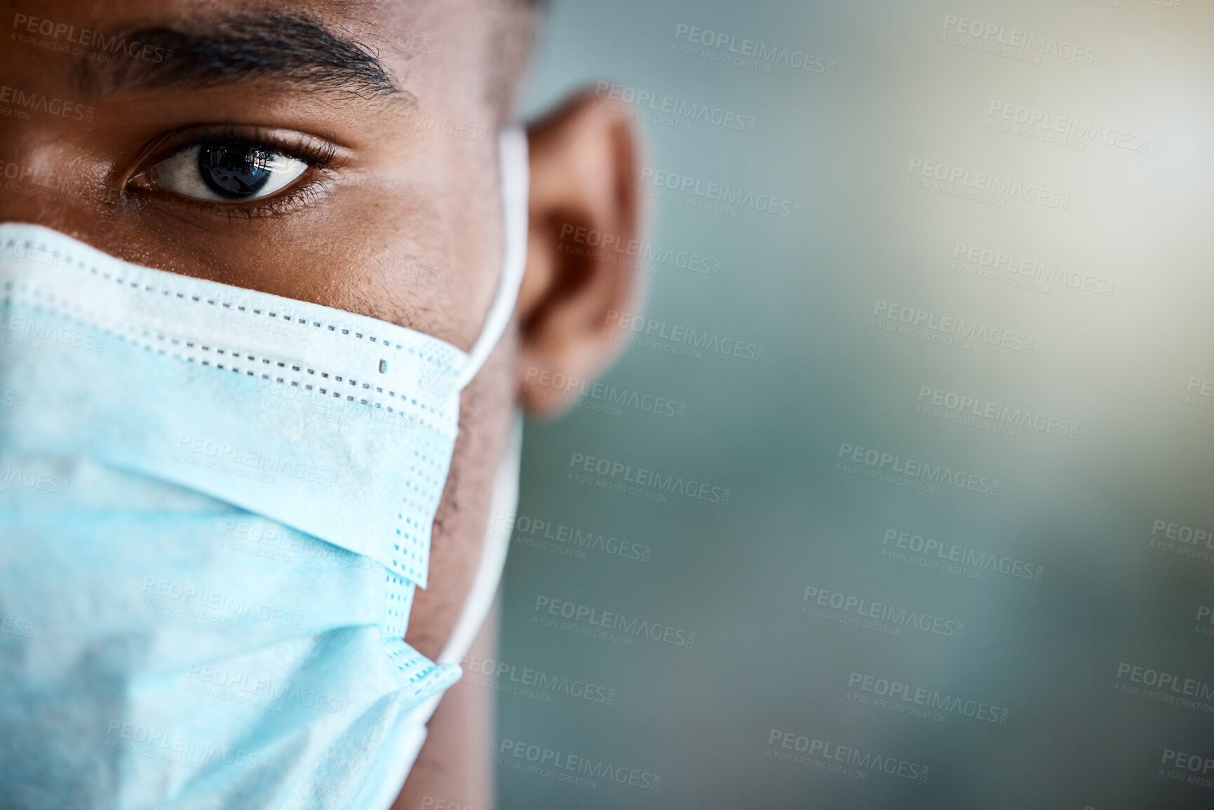 Buy stock photo Portrait, covid and black man with mask, for health and regulations. Mockup, African American male and corona with face cover for protection, safety and wellness for sickness, illness and healthcare.