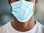 Face mask safety, covid 19 and closeup black man in wellness protection of global pandemic, health crisis and worldwide emergency problem. Guy in corona virus ppe to stop bacteria, risk and pollution