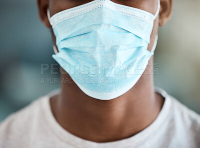 Buy stock photo Face mask safety, covid 19 and closeup black man in wellness protection of global pandemic, health crisis and worldwide emergency problem. Guy in corona virus ppe to stop bacteria, risk and pollution