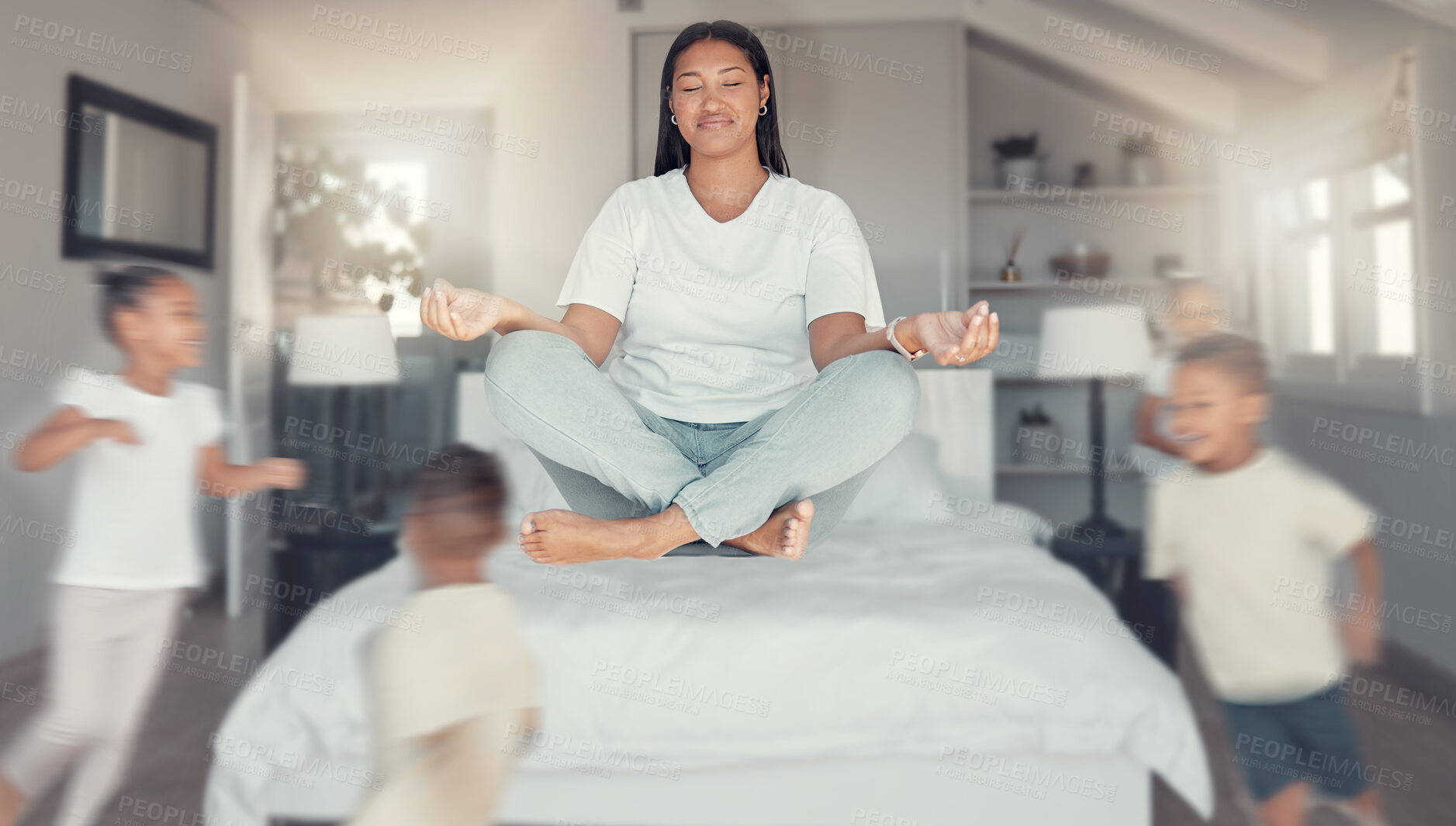 Buy stock photo Meditation, relax and children running with mother in bedroom training for zen, yoga and peace wellness. Noise, stress and energy with thinking mom and kids playing in family home for mind and health