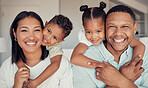 Black family, children and piggyback at home with a mother, father and kids in the living room together. Portrait, happy and smile with a man, woman and daughter siblings bonding in their house