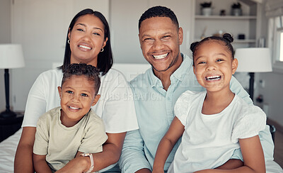 Buy stock photo Family, relax and happy together in home for love, care and support portrait. Black family, smile and parents spend quality time with children on vacation or holiday in family home for happiness
