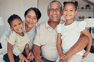 Buy stock photo Family, generations and grandparents with children at family home, love and bonding portrait with happiness. Happy family, smile and relationship with care, relax and spending quality time at home.