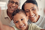 Selfie, smile and boy with grandparents for a portrait, happy and relax in family home together. Love, care and child with a senior man and woman for a photo, bonding and happiness as a happy family