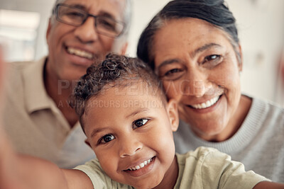 Buy stock photo Selfie, smile and boy with grandparents for a portrait, happy and relax in family home together. Love, care and child with a senior man and woman for a photo, bonding and happiness as a happy family