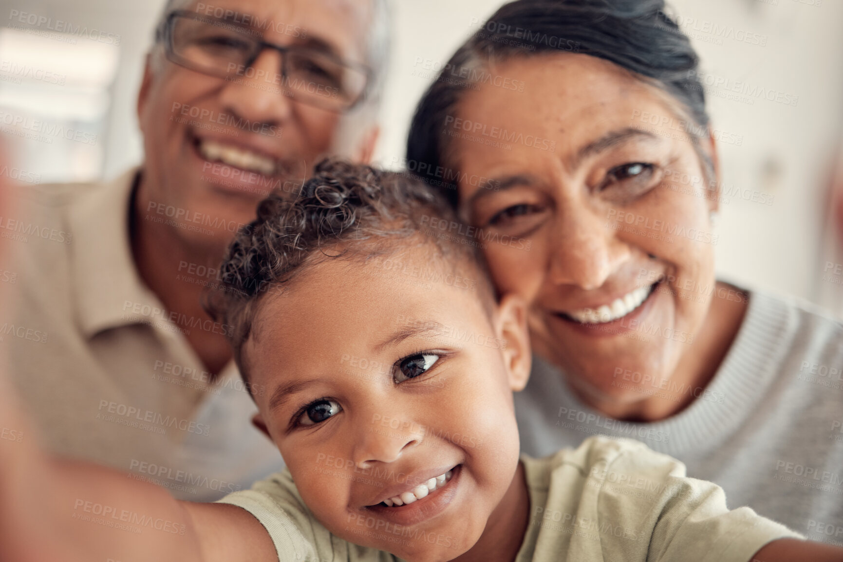 Buy stock photo Selfie, smile and boy with grandparents for a portrait, happy and relax in family home together. Love, care and child with a senior man and woman for a photo, bonding and happiness as a happy family